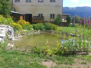 A building with a garden, a pond, and mountains in the background. - Zollhaus, (Vnà) by Interhome (Vnà)