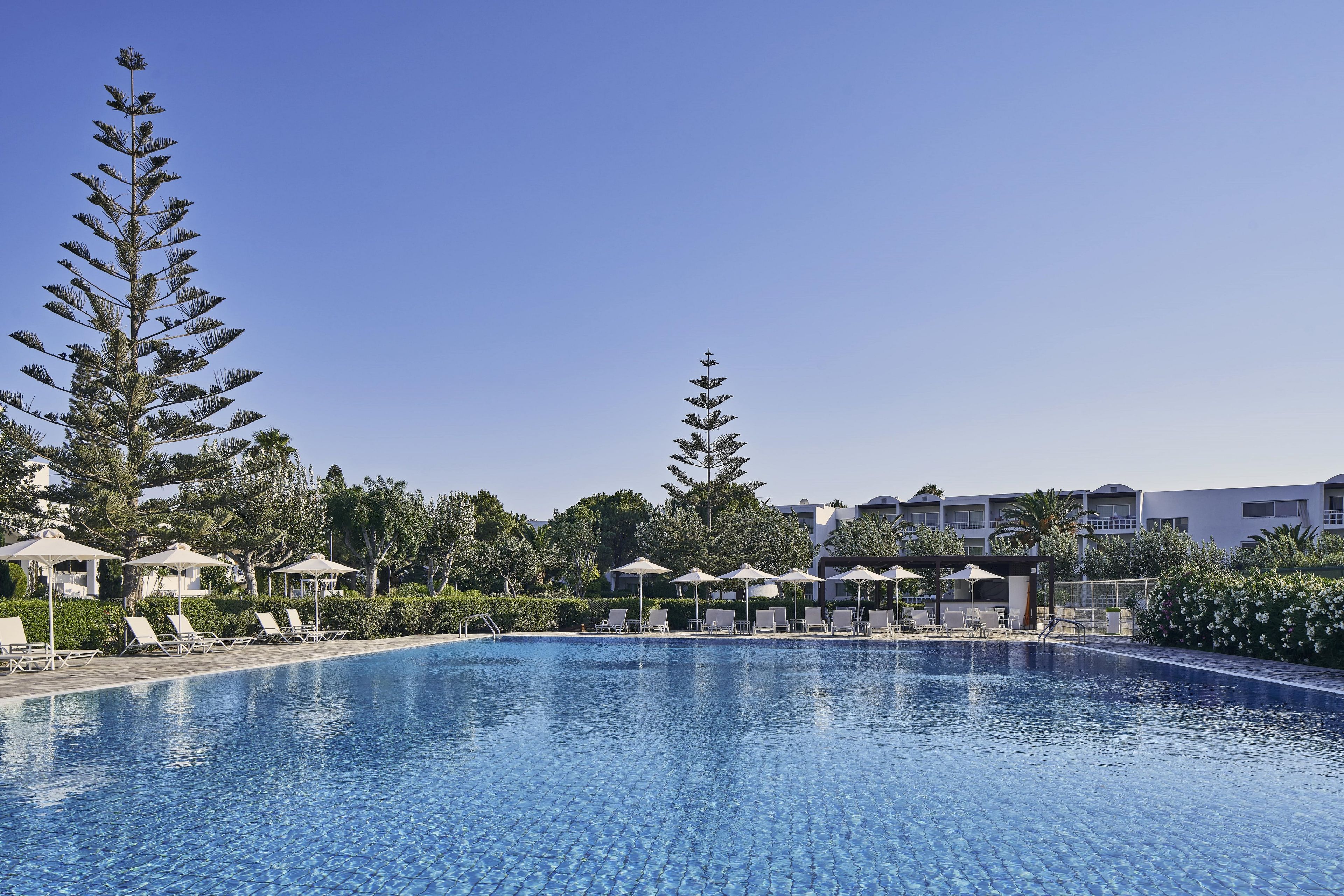 A swimming pool with lounge chairs and umbrellas, surrounded by trees and hotel buildings.