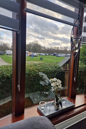 Ein Fenster mit Blick auf ein grasbewachsenes Feld, ein abgestellter Wohnwagen und eine kleine Außenlounge mit Blumen in einer Vase und Gläsern.