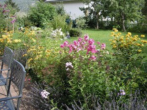 Ein Garten mit verschiedenen Blumen und einem Metallstuhl.