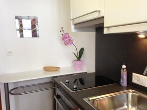 Eine kompakte Küche mit Spüle aus Edelstahl, einer kleinen Topf-Orchidee und einer weißen Arbeitsplatte.