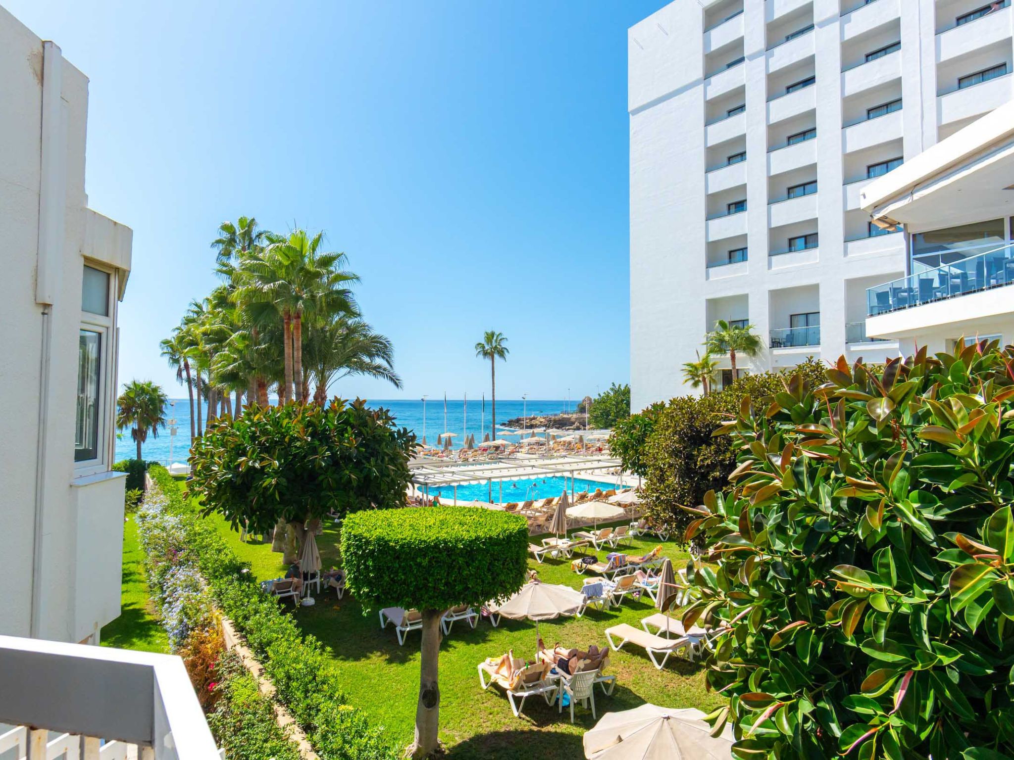A pool area with lounge chairs and umbrellas, surrounded by greenery and palm trees, with a view of the sea and a building in the background.