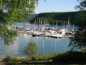 A marina with multiple boats docked, surrounded by greenery and hills.