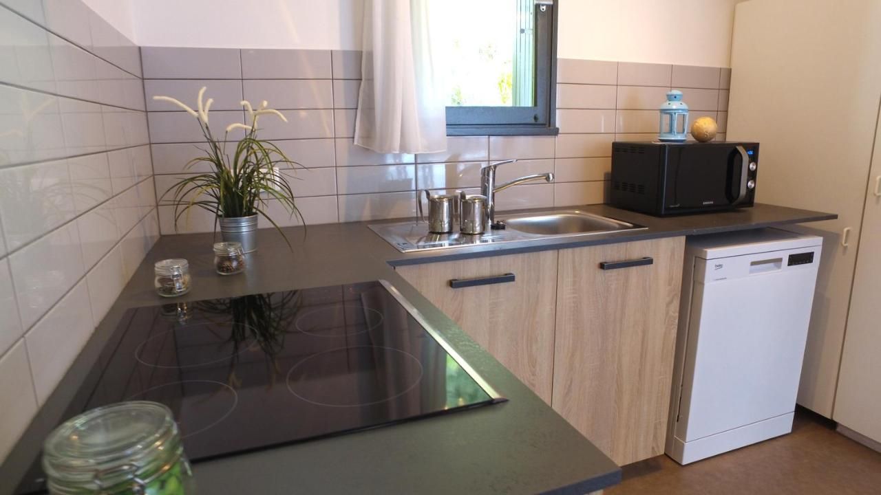 Une cuisine de taille réduite équipée d’une cuisinière, d’un évier, d’un four à micro-ondes et d’un lave-vaisselle.
