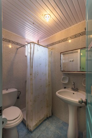 A bathroom with a toilet, shower, and sink. - Vossos (Zakynthos)