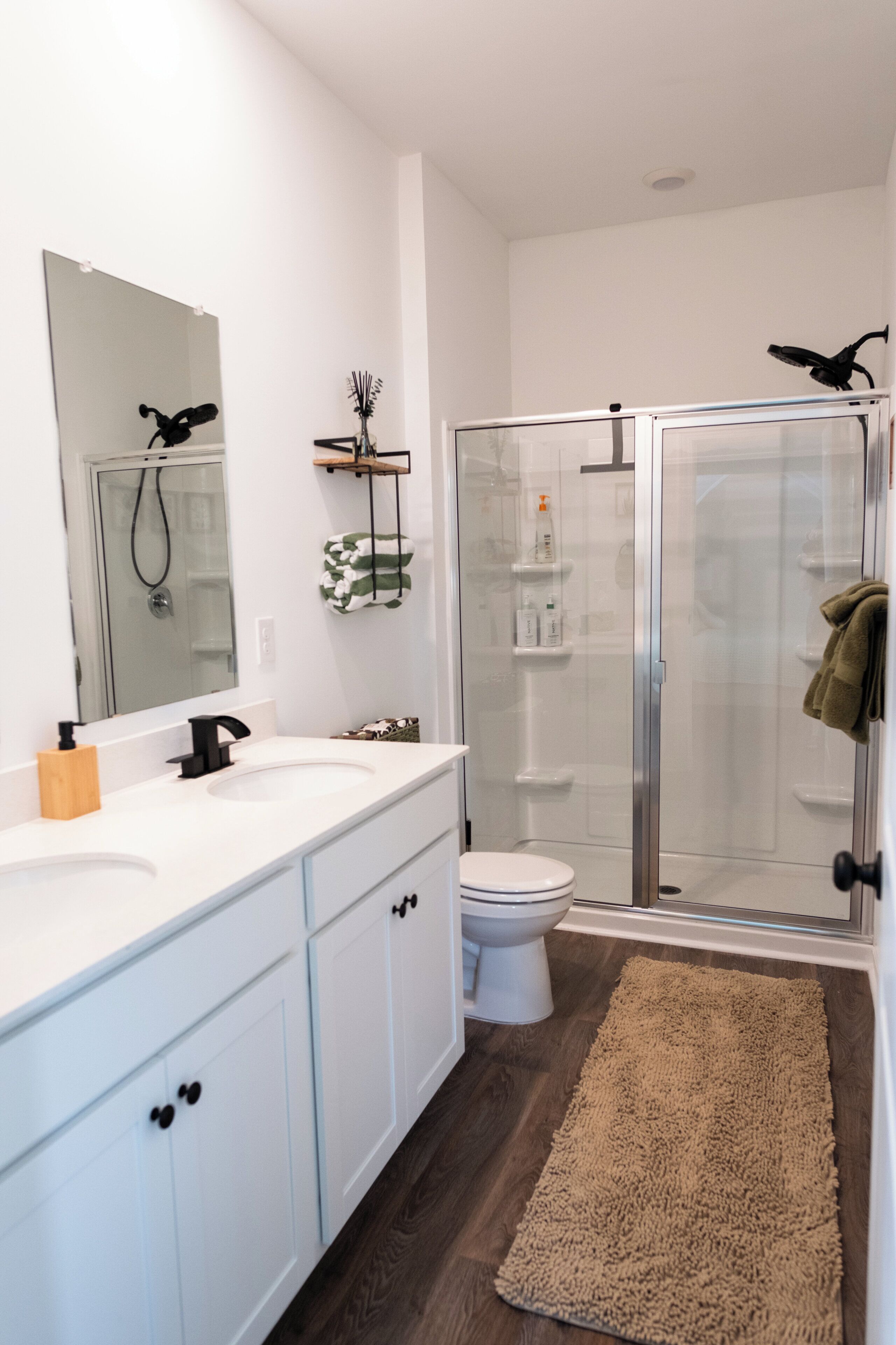 Shower, towels, soap, toilet paper