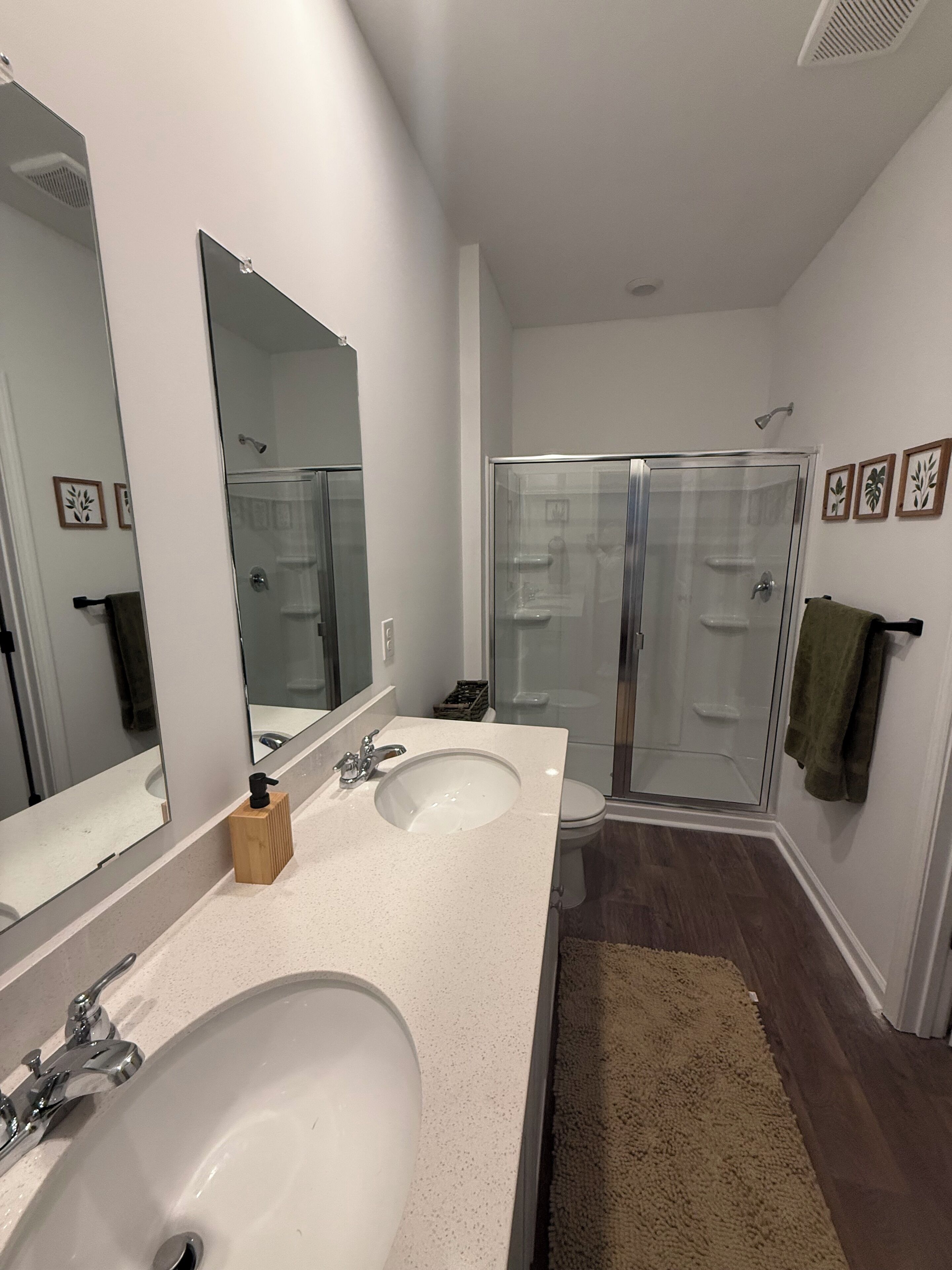 Shower, towels, soap, toilet paper