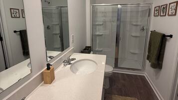 Shower, towels, soap, toilet paper