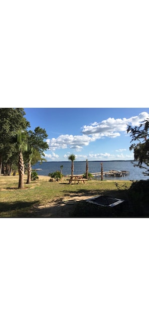 Un parque con una mesa de picnic, un pequeño muelle y una masa de agua.