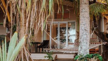 A wooden building with a porch, a hammock, and a palm tree.