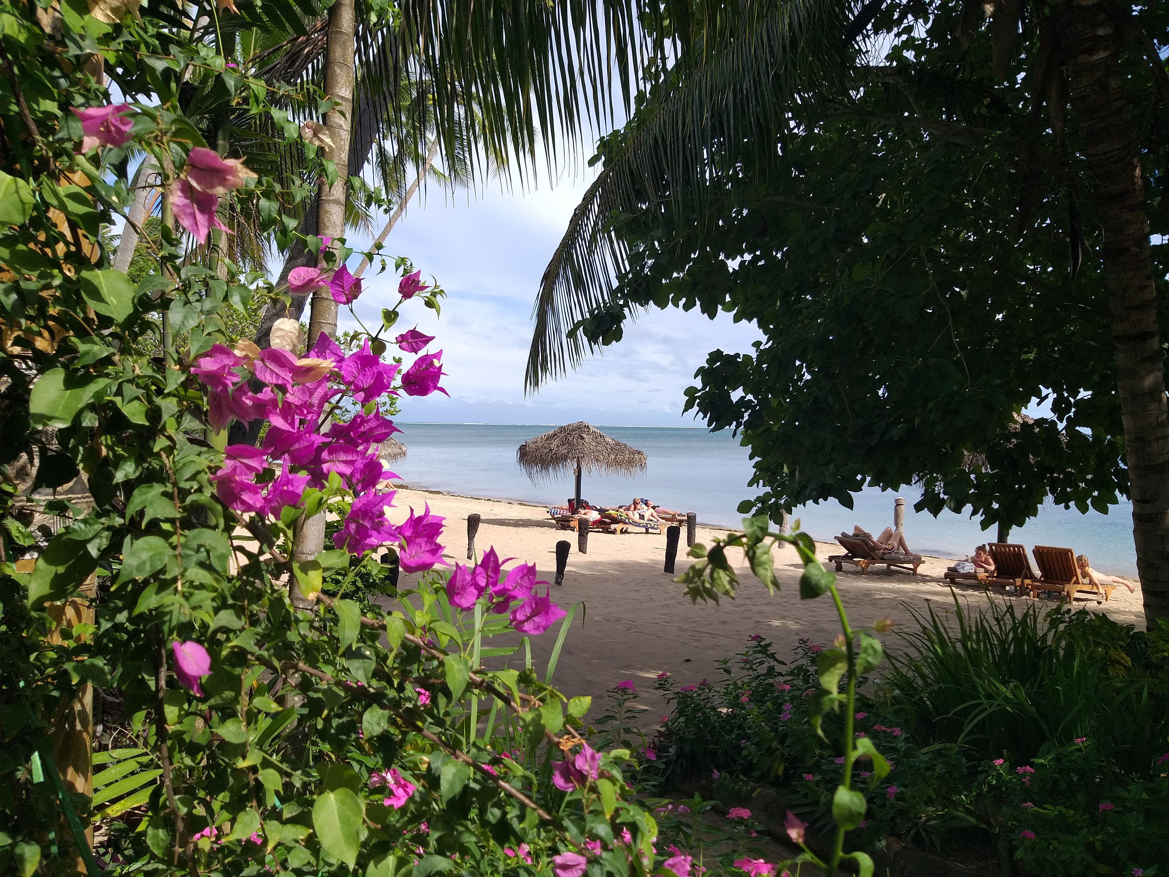 A beach with a thatched umbrella, sun loungers, and a view of the sea.