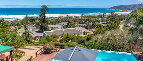 A pool with a view of the ocean, surrounded by houses and greenery.
