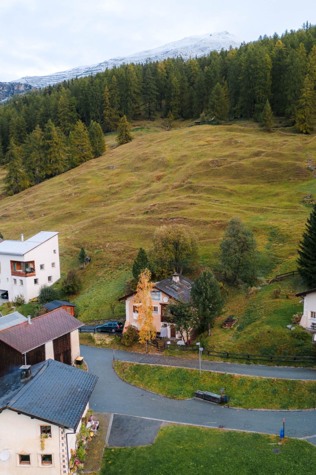 A residential area with houses, a road, and a mountain in the background.