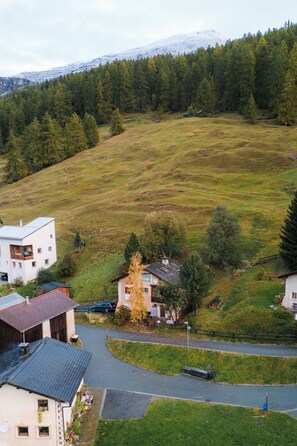A residential area with houses, a road, and a mountain in the background. - Ferienhaus Chasa Silva, (Lüsai) by Interhome (Lü)