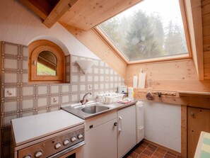 A compact kitchen with a built-in oven, a sink, and a window above the countertop. - Ferienhaus Chasa Silva, (Lüsai) by Interhome (Lü)