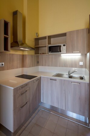 A compact kitchen with a microwave, stove, and sink, featuring light wood cabinetry and a white countertop. - Paese Serenu (Porto-Vecchio)