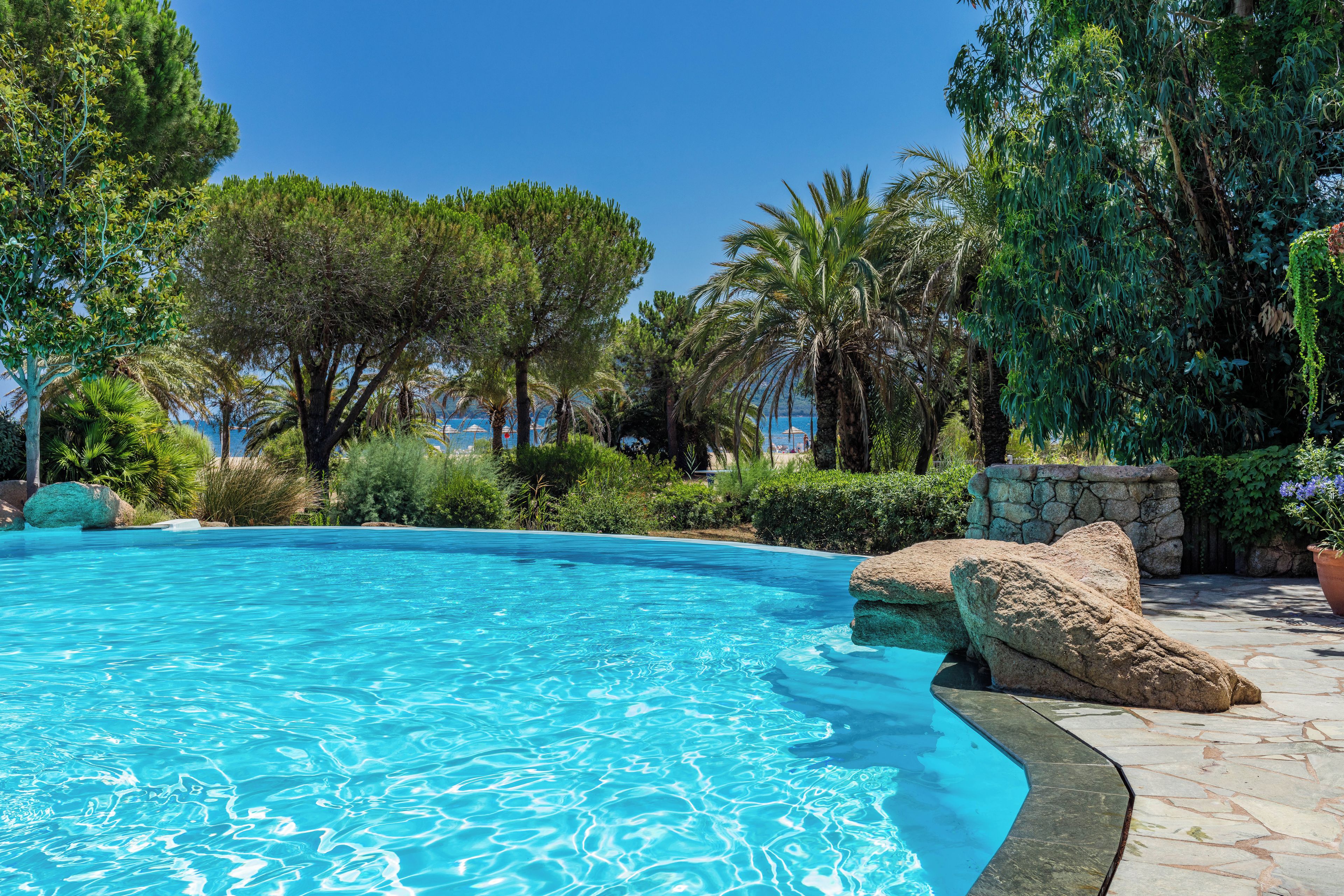 A clear blue swimming pool surrounded by lush greenery and large rocks.
