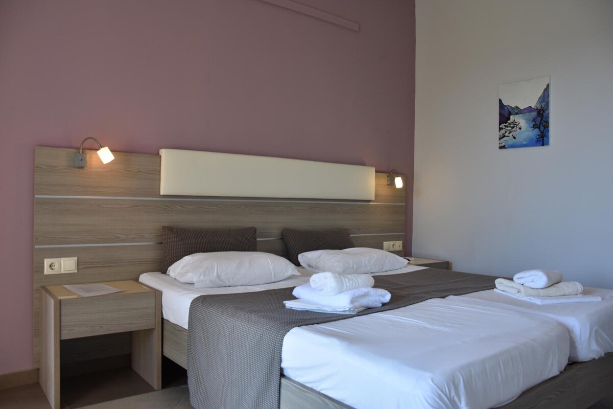 Een hotelkamer met twee bedden, een hoofdeinde, nachtkastjes en een wandlamp.