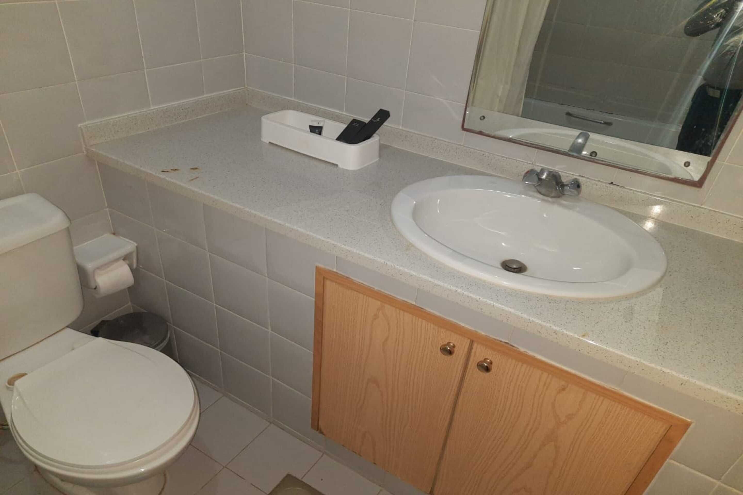 Un baño con inodoro, lavabo, espejo y un mueble de madera.