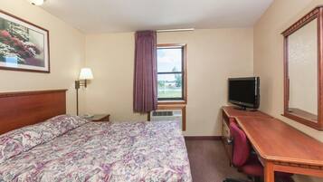 Habitación de hotel con cama, escritorio, televisor, lámpara y ventana con vistas a la vegetación.