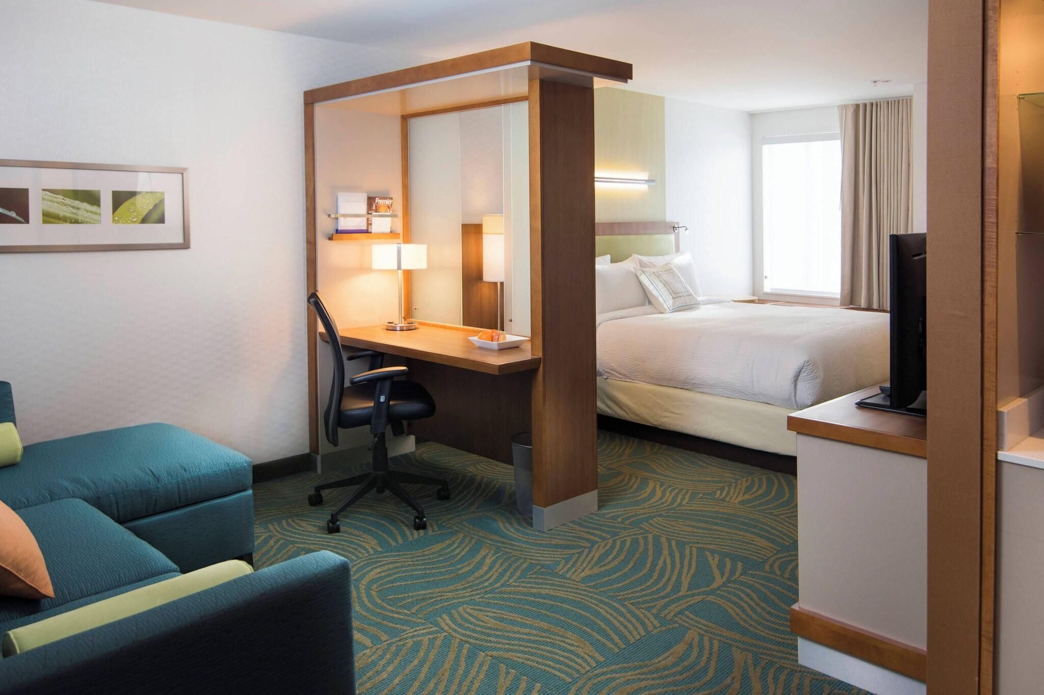 A hotel room with a bed, a desk with a chair, a television, and a sofa.