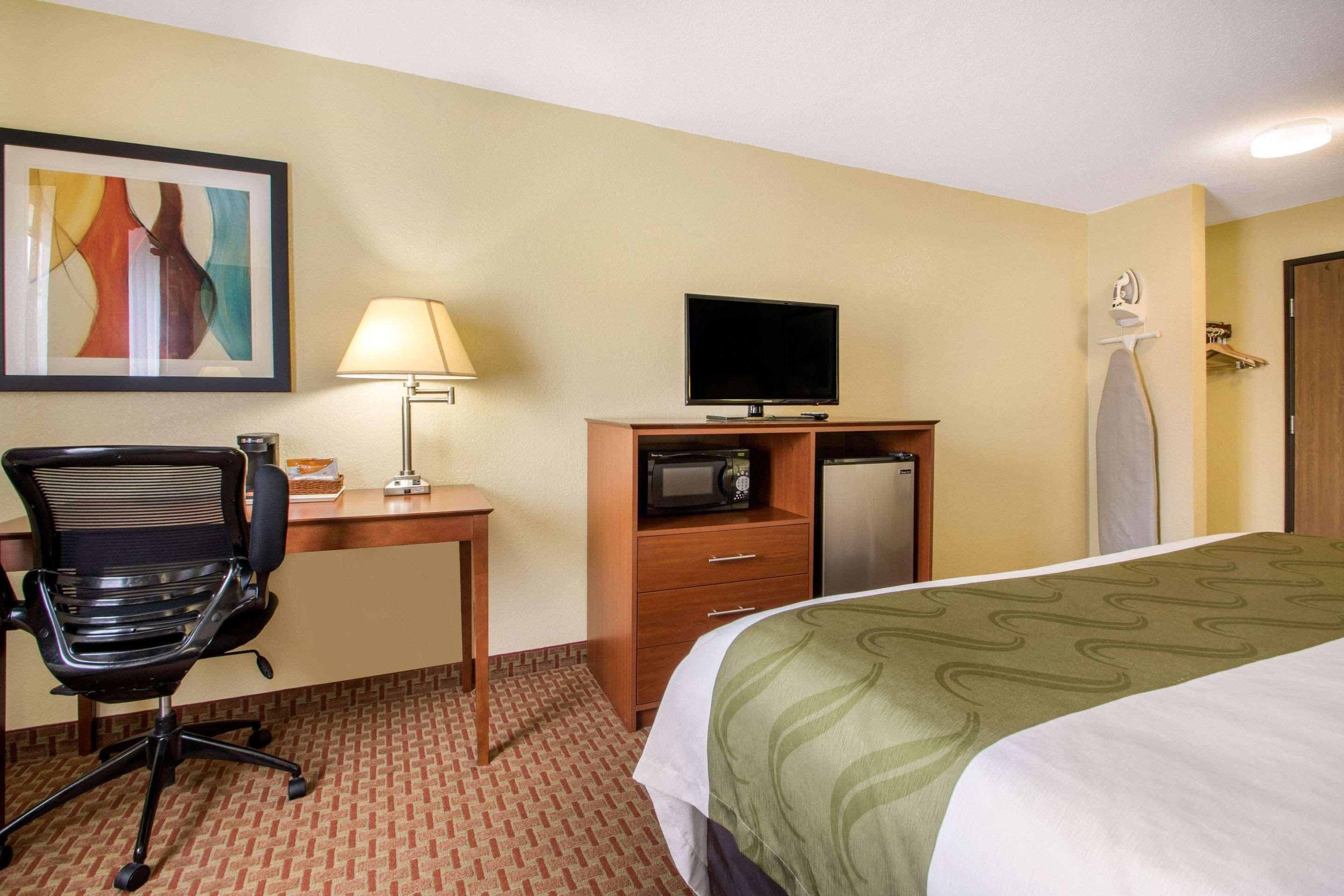 A hotel room with a bed, desk, chair, television, microwave, and ironing board.