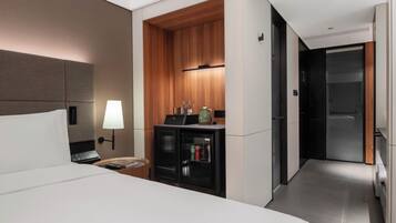 Desk, blackout curtains, soundproofing, iron/ironing board