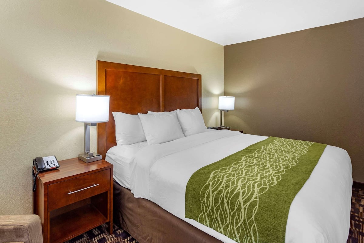 A hotel room with a bed, two bedside tables, a lamp on each table, and a telephone on one table.