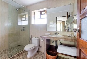 A bathroom with a glass-enclosed shower, a toilet, a sink with a mirror, and a wooden door. - De Mandarin Beach Resort Suites & Villas Goa (Candolim)