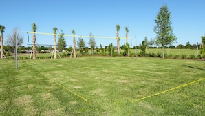 A sports field with a net, palm trees, and a clear sky. - Solterra Resort Homes (Davenport)