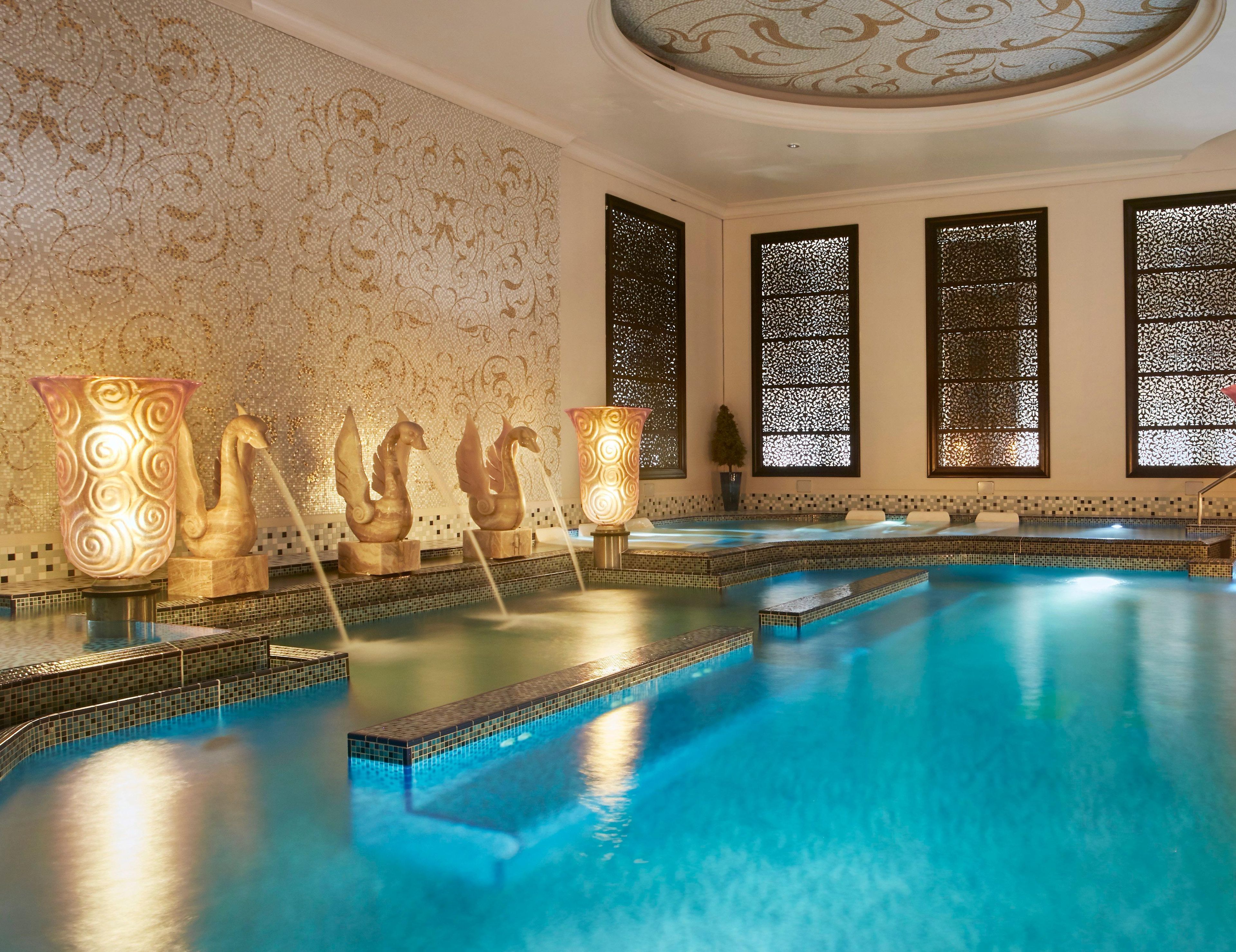A luxurious indoor swimming pool with ornate wall decorations and a tiled floor.