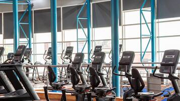 A gym with treadmills and elliptical machines, large windows, and blue structural beams.