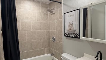 Hair dryer, towels, soap, toilet paper