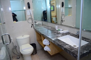 A bathroom with a toilet, sink, mirror, and shower.