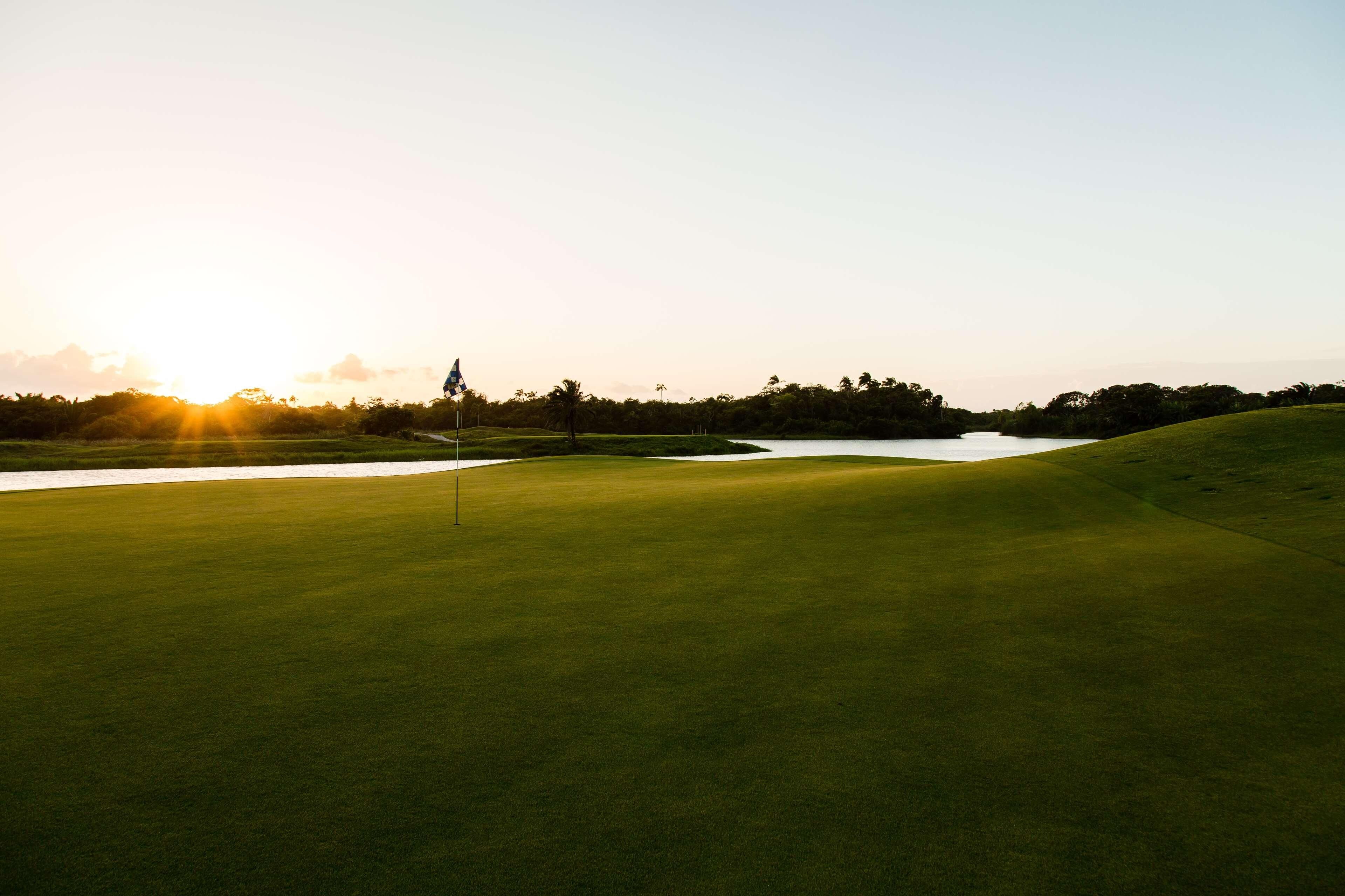 A golf course with a flag, water hazard, and trees in the background.
