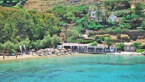 Un hotel frente al mar con playa, agua cristalina y abundante vegetación.