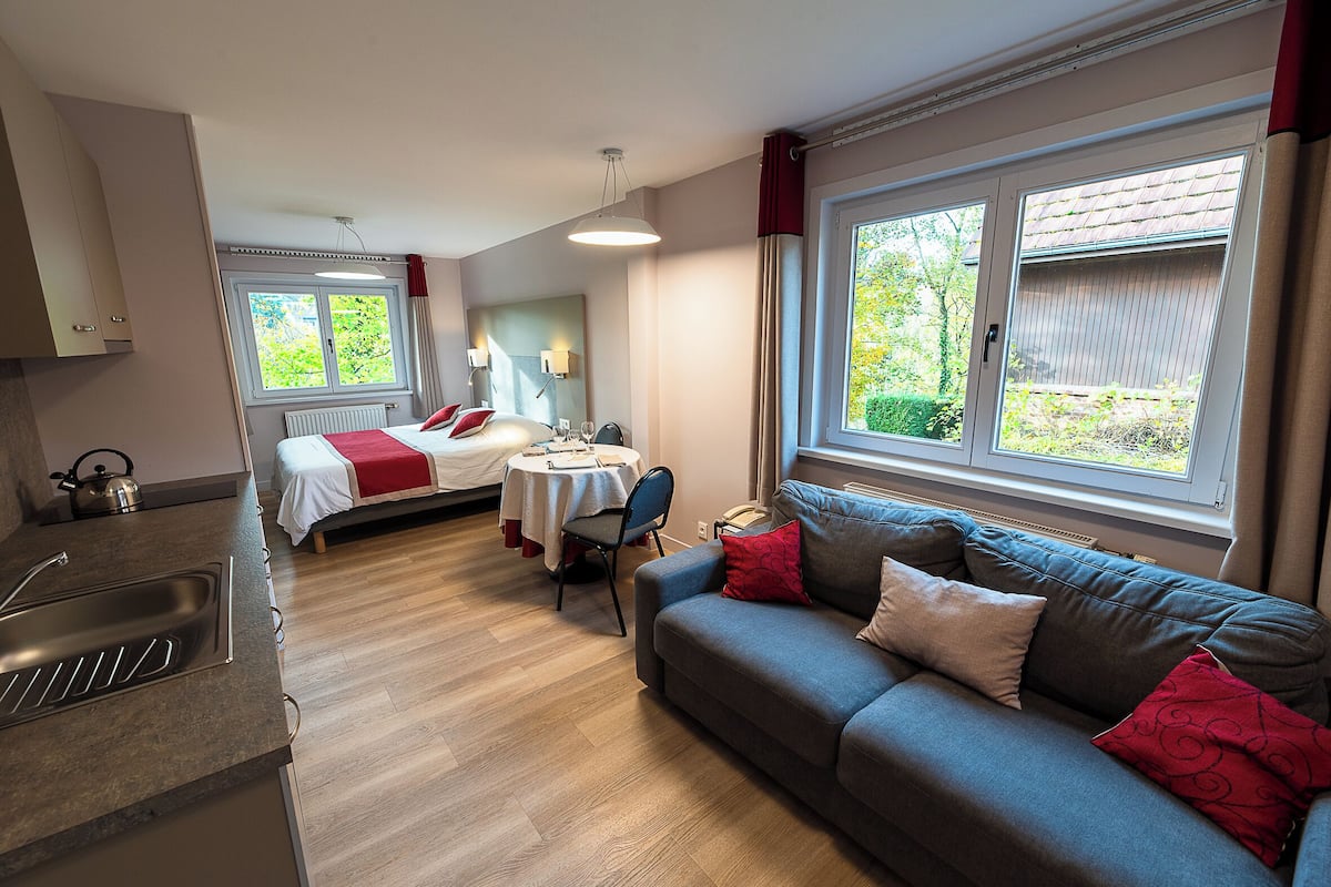 Et moderne værelse med et tekøkken, en sofa, en seng og et spiseområde.
