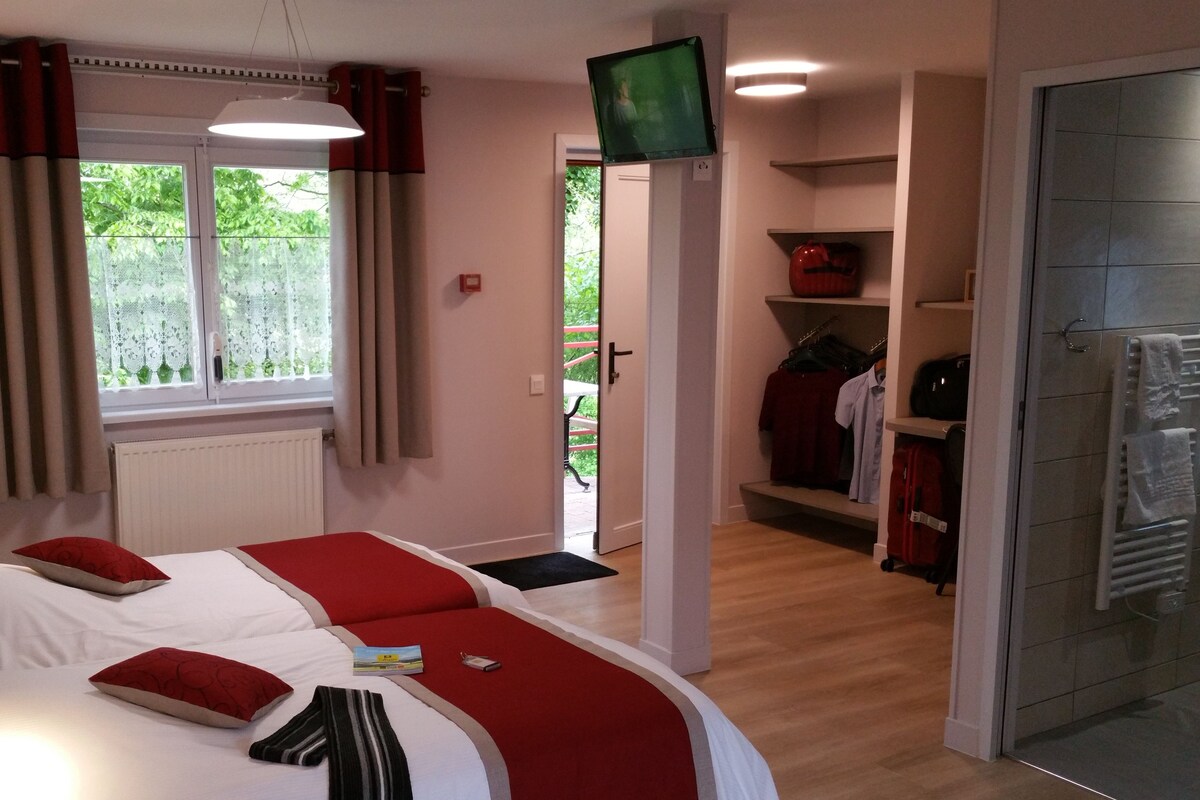 Habitación de hotel con cama, televisión, armario y puerta que da a un balcón.