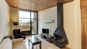 Una sala de estar moderna con chimenea, un sofá, un televisor y un ventanal con cortinas.
