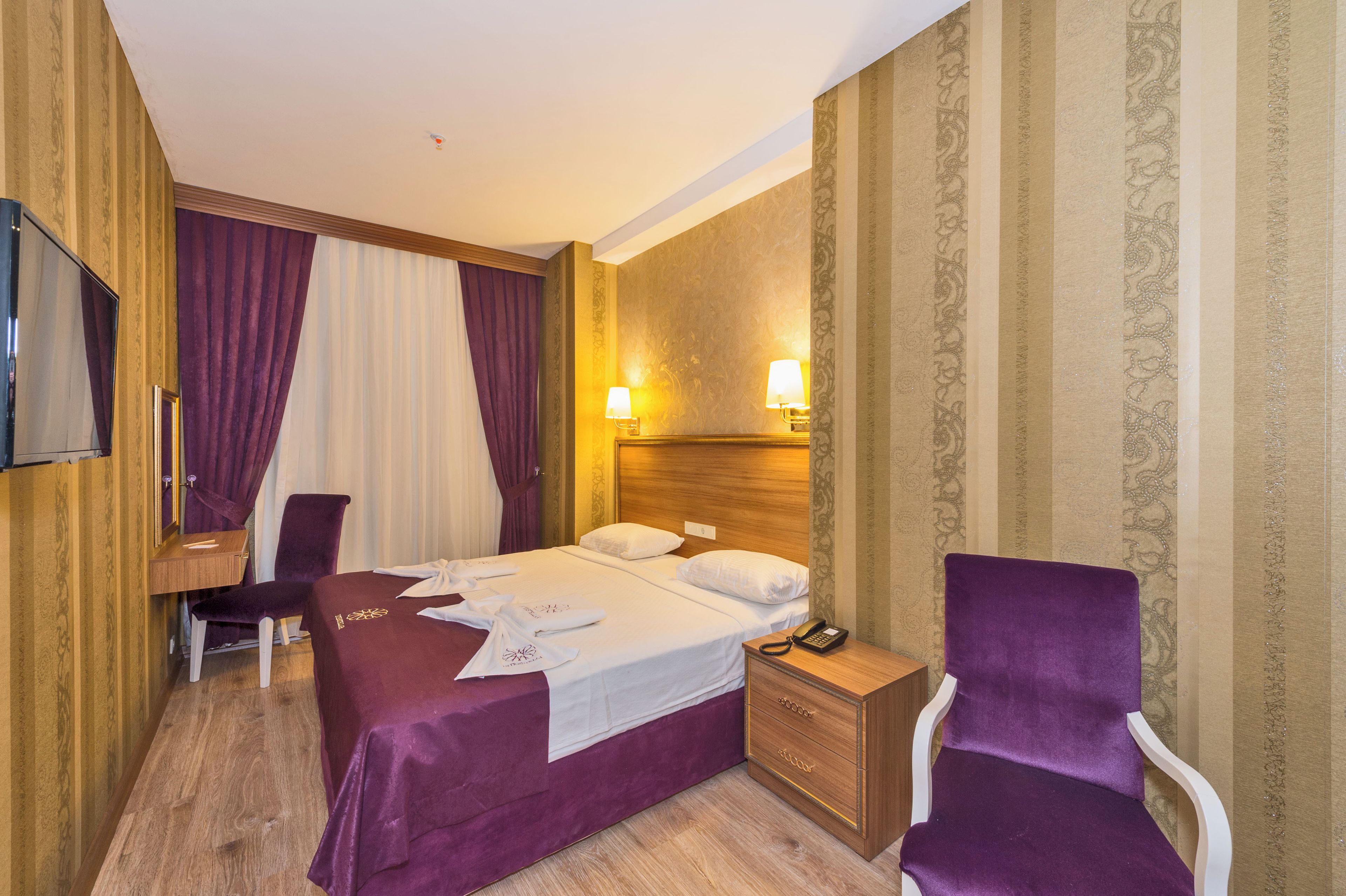 A hotel room with a bed, a desk, a chair, a TV, and a nightstand.