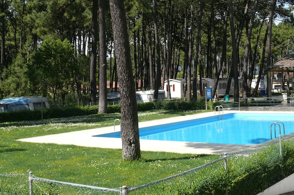 A swimming pool surrounded by trees, with a fenced area and a small building in the background. - Orbitur Viana Do Castelo (Viana do Castelo)