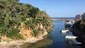 A coastal area with boats docked, a clear sky, and a rocky shoreline with vegetation.