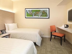 A hotel room with two beds, a desk with a phone, a chair, a coffee maker, and a framed abstract painting on the wall. - Sama-sama Express Klia 2 (Sepang)