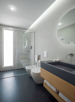 A modern bathroom with a large mirror, a dark countertop sink, and two toilets. - Hotel Olbia (Olbia)