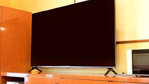 A television on a stand in a room with a wooden cabinet and a wall with a light switch. - Hotel Vega Takamatsu (Takamatsu)
