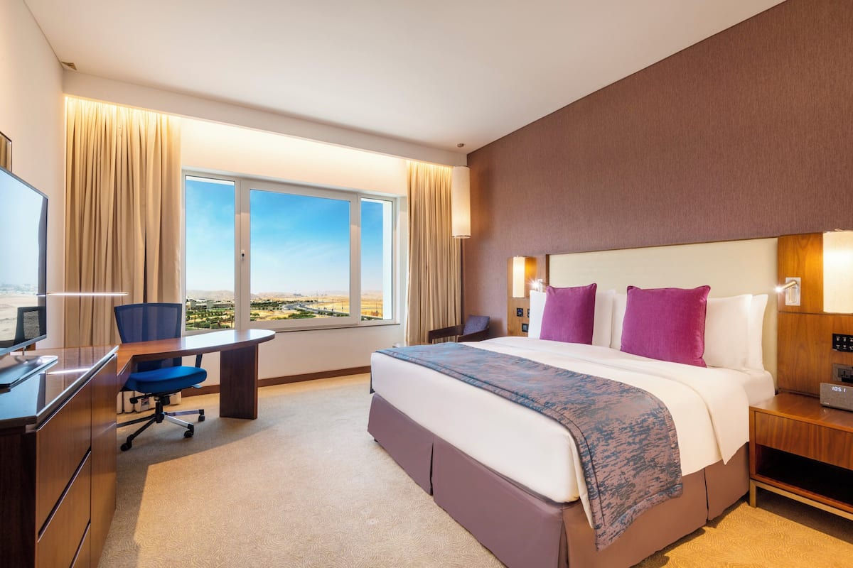 Habitación de hotel con una cama grande, un escritorio con silla, televisor y vista al paisaje.