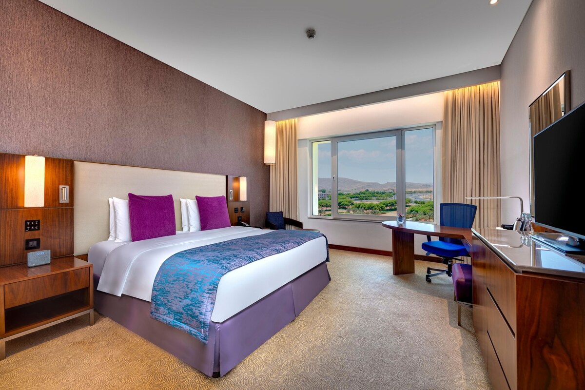 A hotel room with a large bed, a desk with a chair, a TV, and a window with a view.