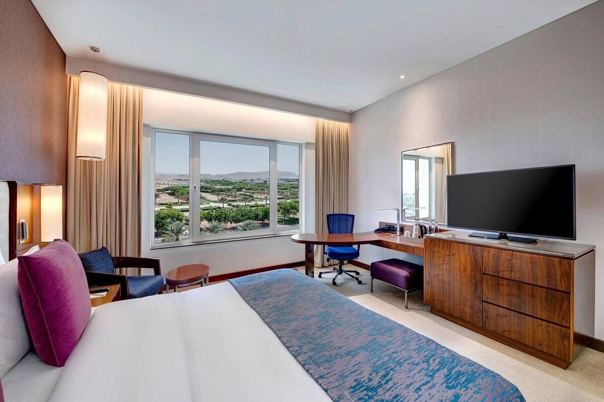 Una habitación de hotel con una cama grande, un escritorio con televisor, una silla y vistas al paisaje.