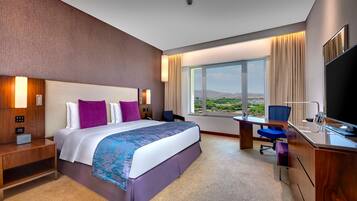 Habitación de hotel con una cama grande, un escritorio con silla, un televisor y una ventana con vistas.