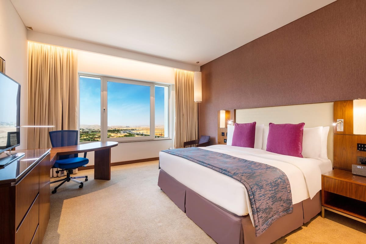 Habitación de hotel con una cama grande, un escritorio, una silla, un televisor y vistas al desierto.